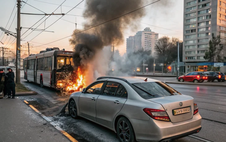 В Краснодаре легковушка врезалась в троллейбус и загорелась в центре города В Краснодаре легковушка врезалась в троллейбус и загорелась в центре города