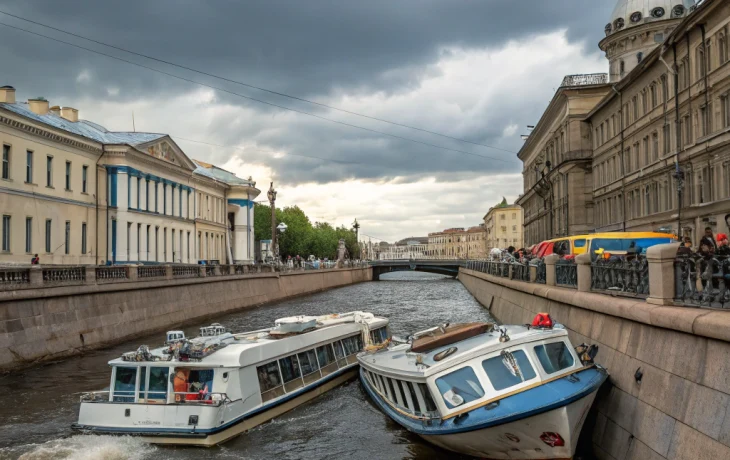 На реке Фонтанка в Петербурге столкнулись два теплохода На реке Фонтанка в Петербурге столкнулись два теплохода
