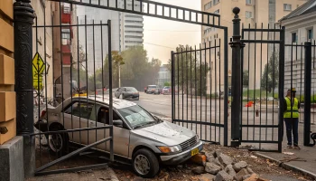 Женщина с ребенком на коленях протаранила шлагбаум и забор во дворе Краснодара