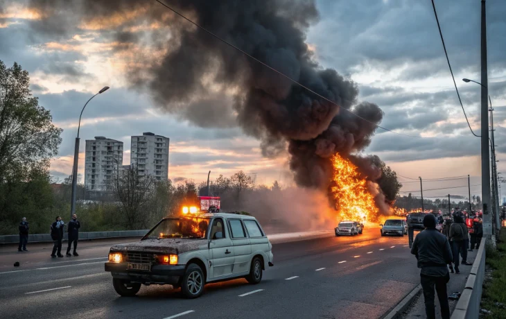 Пожар с взрывом легкового авто напугал жителей Краснодара на Ростовском шоссе