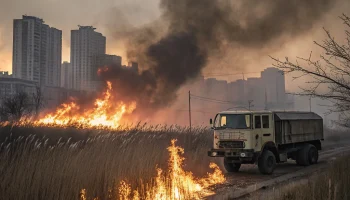 Огненная угроза в Ростове: КамАЗ и камыш охвачены пламенем, черный дым заволок город