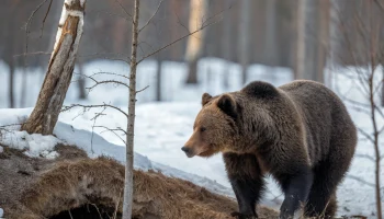Медведь выбирает место для зимней спячки в нижегородском лесу