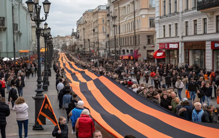 На Арбате развернули 80-метровую георгиевскую ленту в честь годовщины Победы На Арбате развернули 80-метровую георгиевскую ленту в честь годовщины Победы