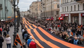 На Арбате развернули 80-метровую георгиевскую ленту в честь годовщины Победы